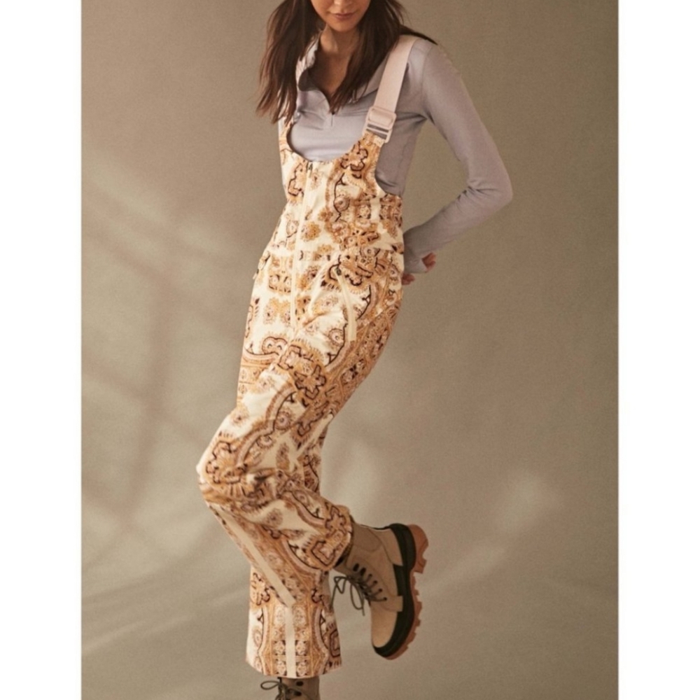 Free People ski bib/overalls- size Large- Cream and Brown Patterned